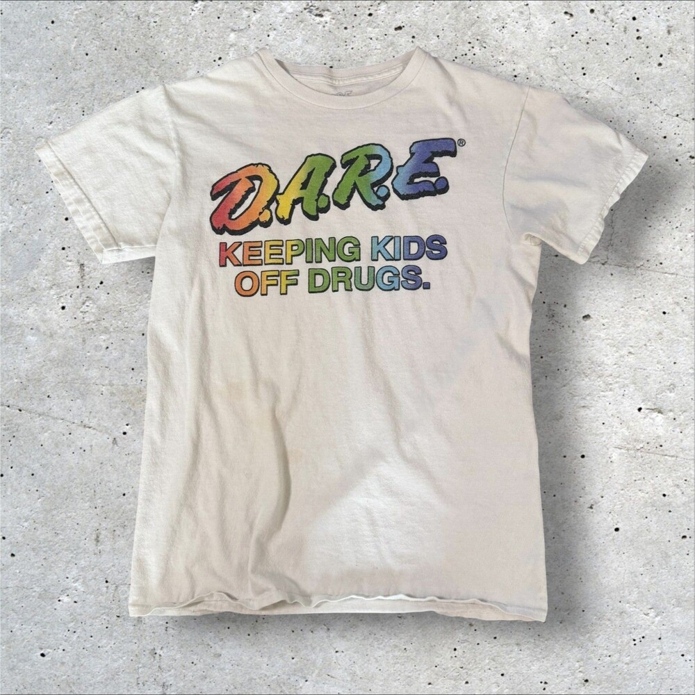 Dare Keeping Kids Off Drugs Graphic T Shirt Cream Rainbow Retro Tee Mens S